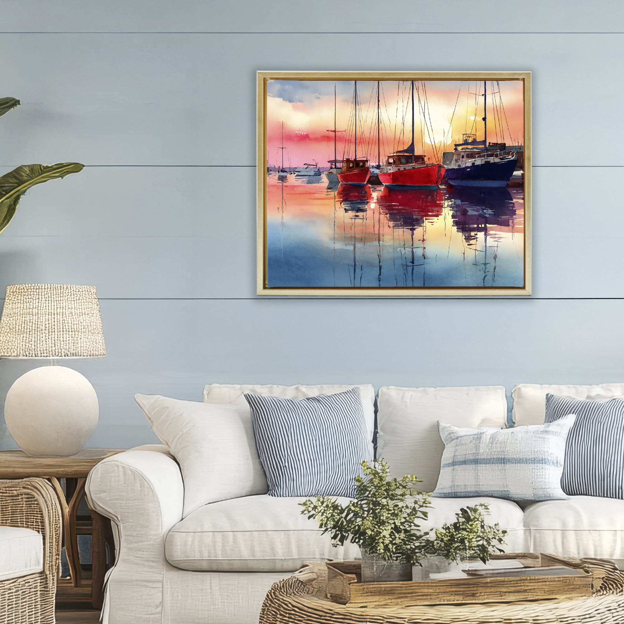 Stupell Industries Red & Blue Boats at Sunset Gold Framed Floater Canvas Wall Art, design by Franklyn Gregory