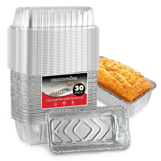 Stock Your Home Moldes desechables de aluminio para pan con tapas, 2 libras (paquete de 30) moldes de aluminio para hornear con tapa de plástico, molde de hojalata con tapa para pastel, pan de plátano