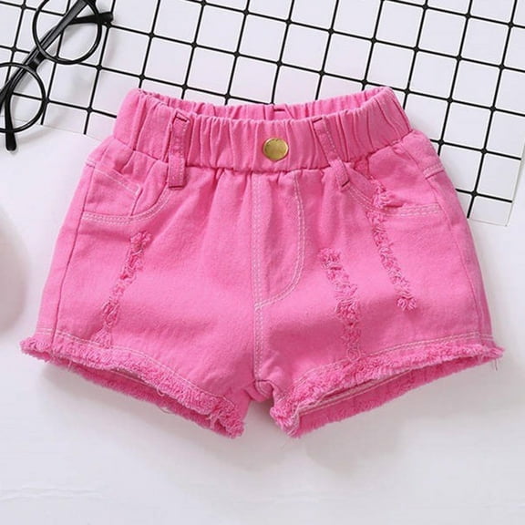 Cethrio Denim Shorts for Girls Size 7-8 T, Cotton Casual Ripped Elastic Waist Summer Shorts Hot Pink