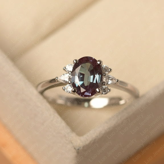 Alexandrite anniversary ring, oval cut, solid sterling silver, multi-stone ring, June birthstone