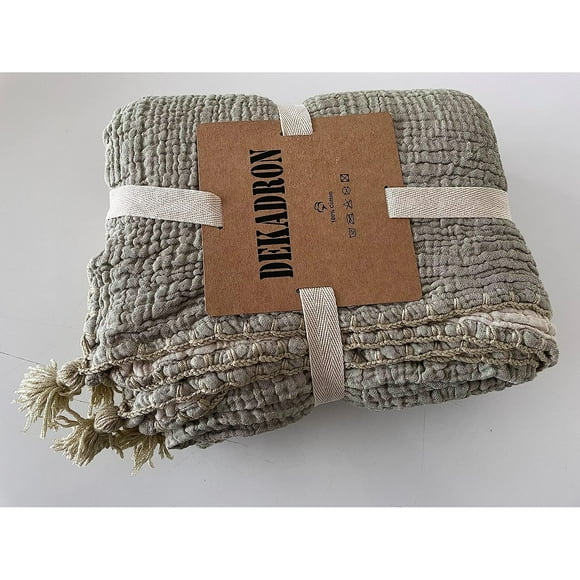 100% Cotton Muslin Throw Blanket, 4 Layers Bedspread, Soft Turkish Cotton Muslin Bed Cover, Reversible Coverlet, Green (Throw 47x71-120x180cm)