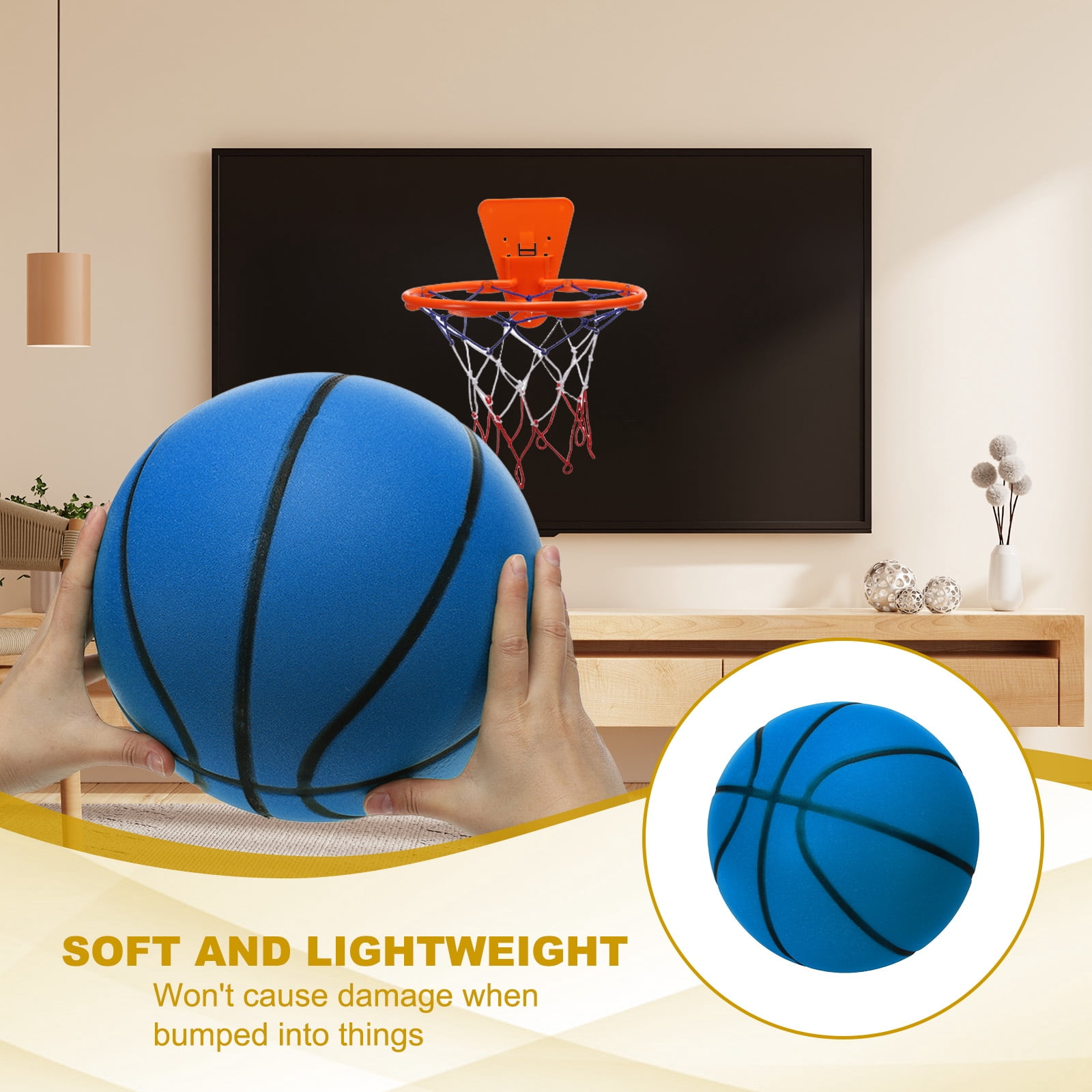 Uxcell Silent Basketball No Noise High-Density Foam Dribbling Indoor Basketball with Net for Quiet Dribbling Blue NO.3