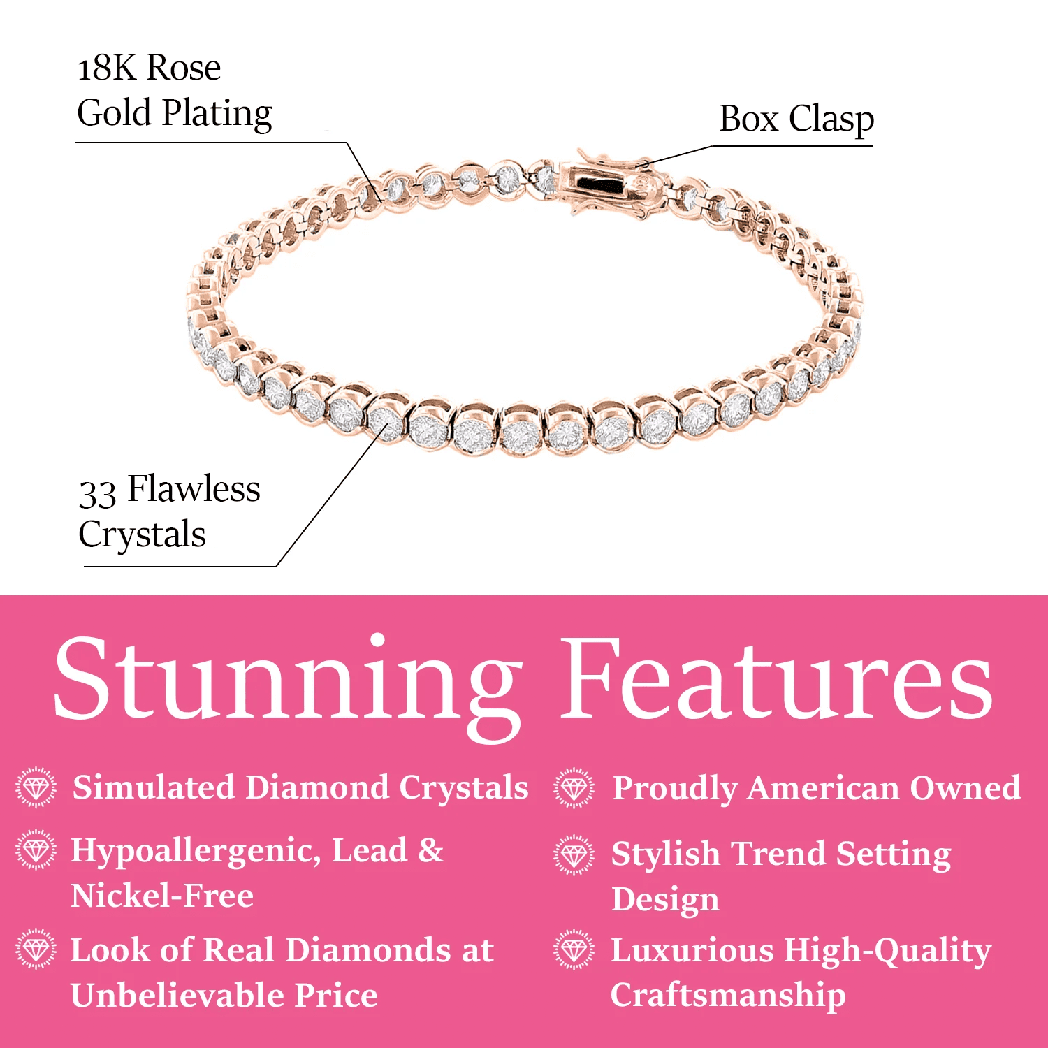 Cate & Chloe Joelle 18k Rose Gold Plated Tennis Bracelet with Simulated Diamond Crystals for Women