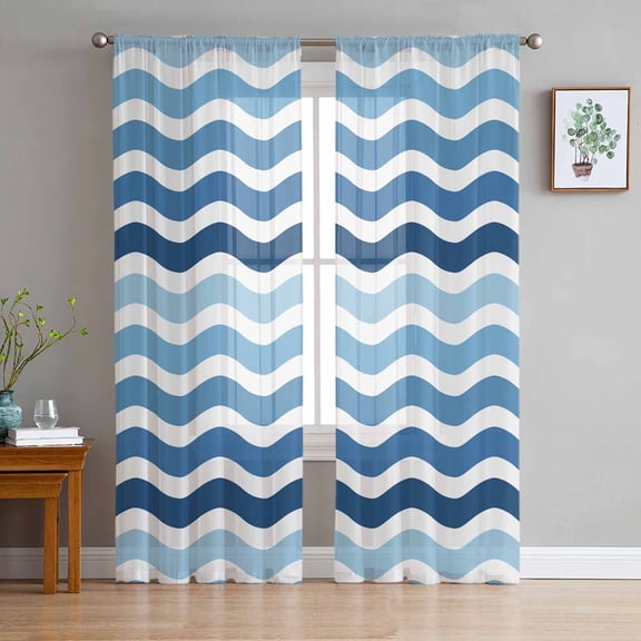 ERUNPONLY Geometric Blue Ombre Sheer Curtains 63 Inch Length 2 Panels Set, Modern Gradient White Ocean Striped Voile Window Treatment Curtains Sheers Drapes for Bedroom/Living Room/Kitchen 52x"63"x2