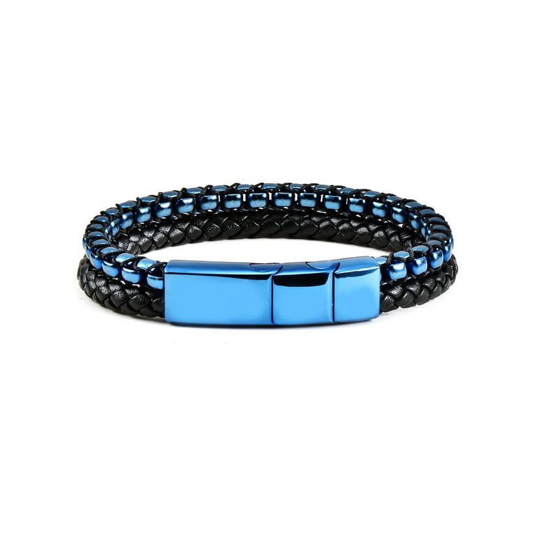 Leather Blue Bracelet Round Braided Bracelet Men Bracelet 