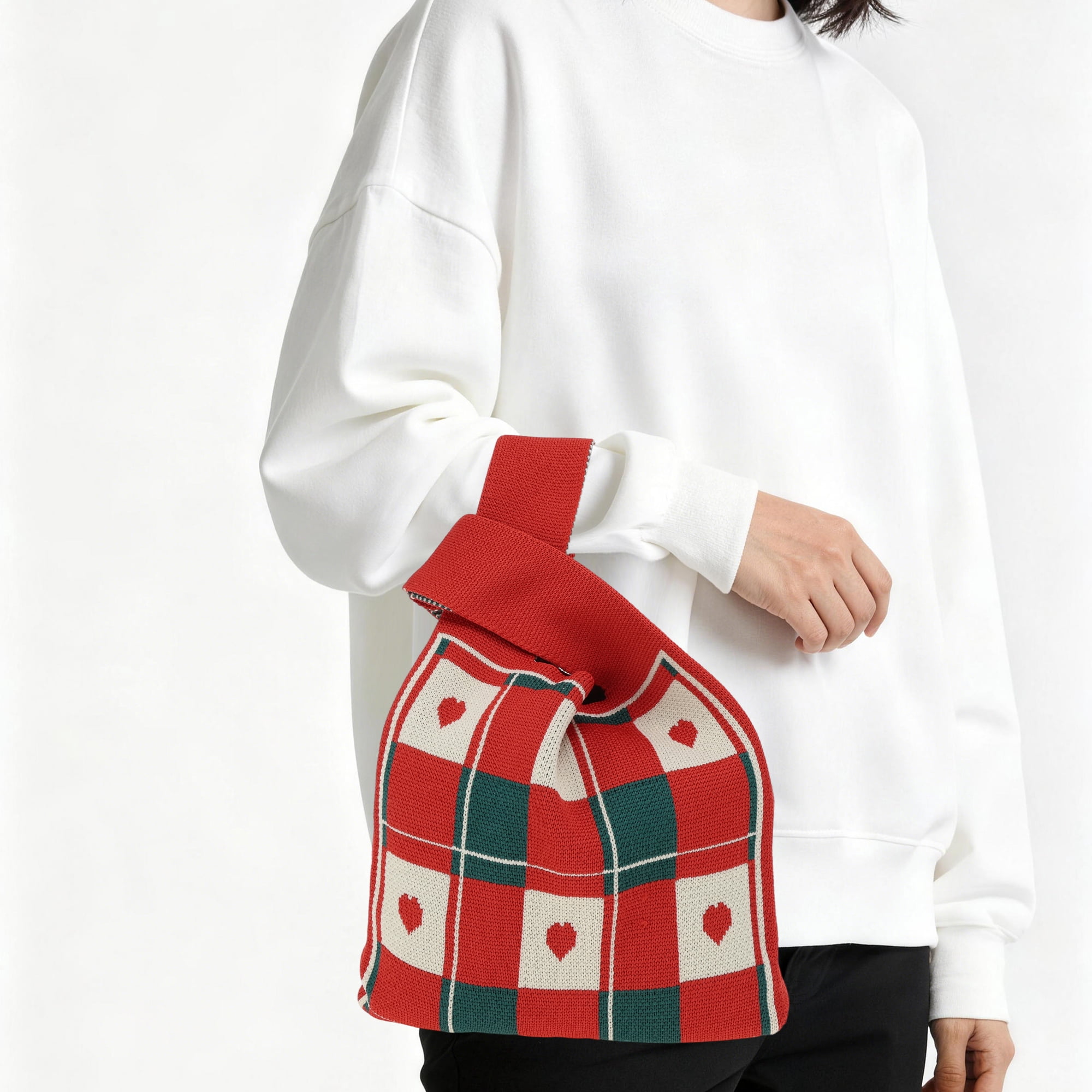 Unique Bargains Heart Knitted Wrist Bag Red Beige Green 1 Pc