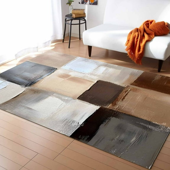 Area Rugs Indoor Non-Slip Rectangle Rug 5x7 Ft Abstract Color Block Brown Geometric Oil Painting Style Rug Rubber Backing Floor Mats Non Shedding Home Decor Carpet for Entryway Living Room