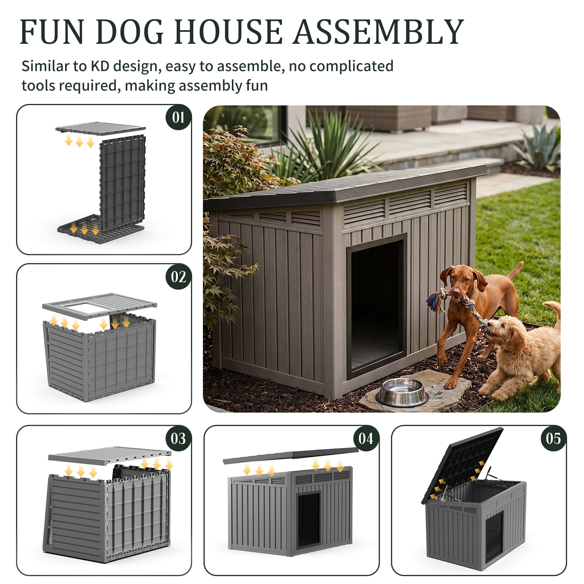 Joxxoaa Dog House for Both Indoor and Outdoor with Weatherproof Roof Removable Floors for Medium to Large Dogs Interior (Gray)