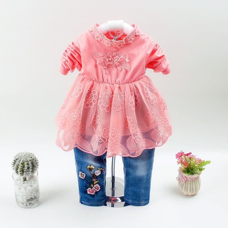 Peacolate 6M-4Years Spring Autumn Baby Girls Sets Denim 3 Pcs Clothes Long Sleeve T-Shirt Denim Jacket and Jeans,Orange,2-3Years