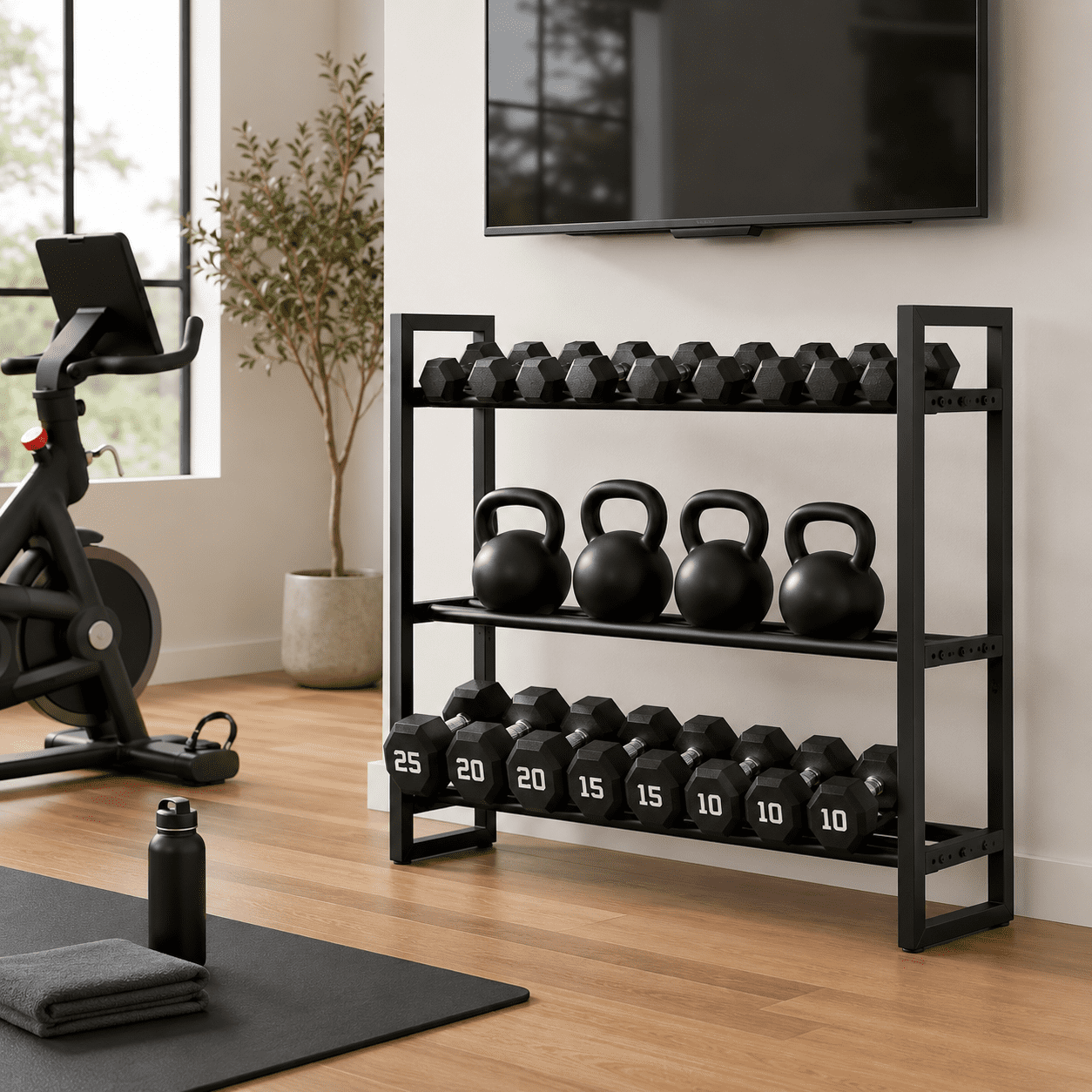 Three-tier dumbbell rack (frame only, dumbbells not included) Suitable for home gyms and compact training spaces Organises and stores dumbbells Maximum load capacity: 390 lbs