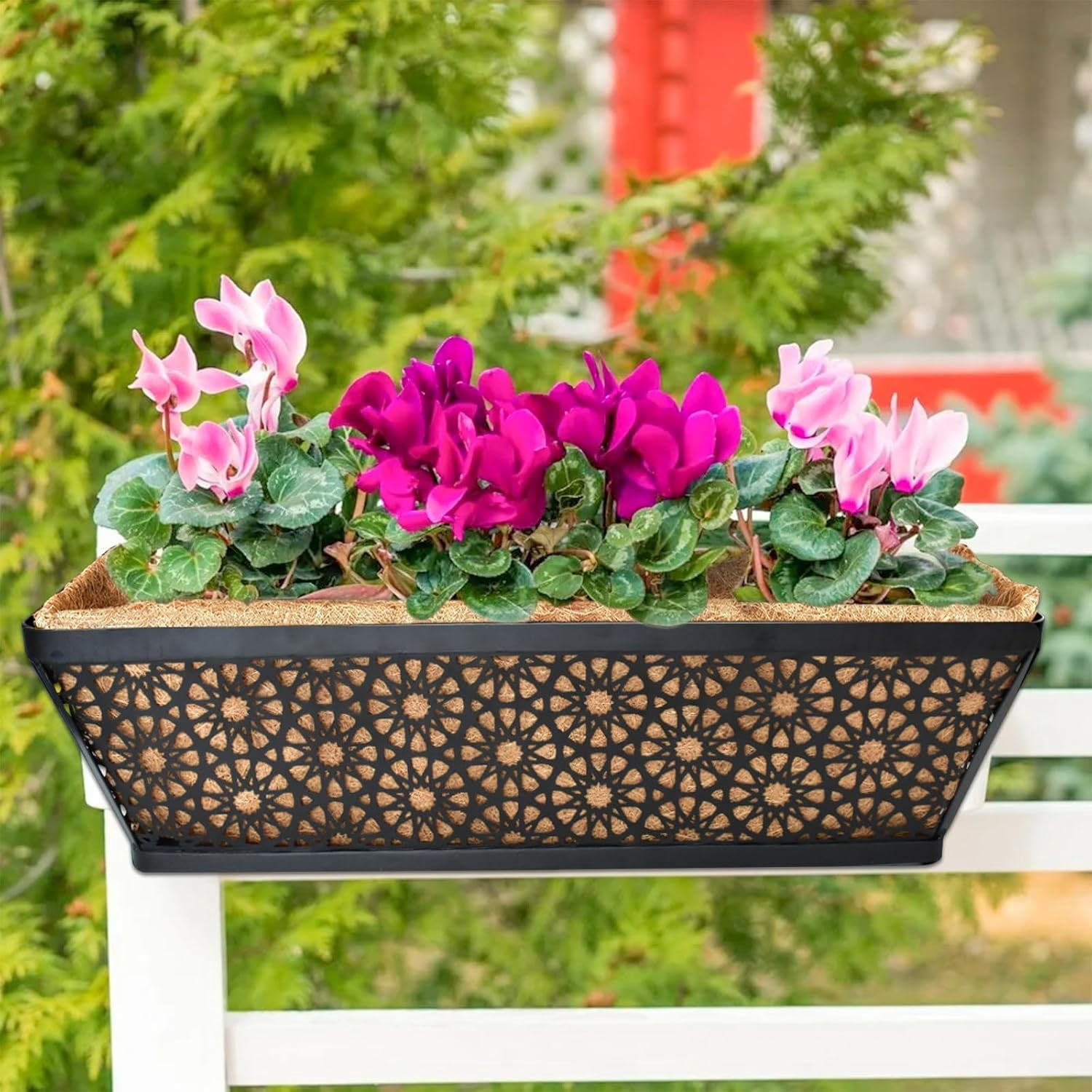 24 Inch Window Boxes Planters, 2 Pack Sturdy Metal Deck Flower Railing Planter Box with Coco Liners for Indoor Outdoor Decor, Adjustable Rail Planter for Window Fence Porch Balcony Patio Lawn