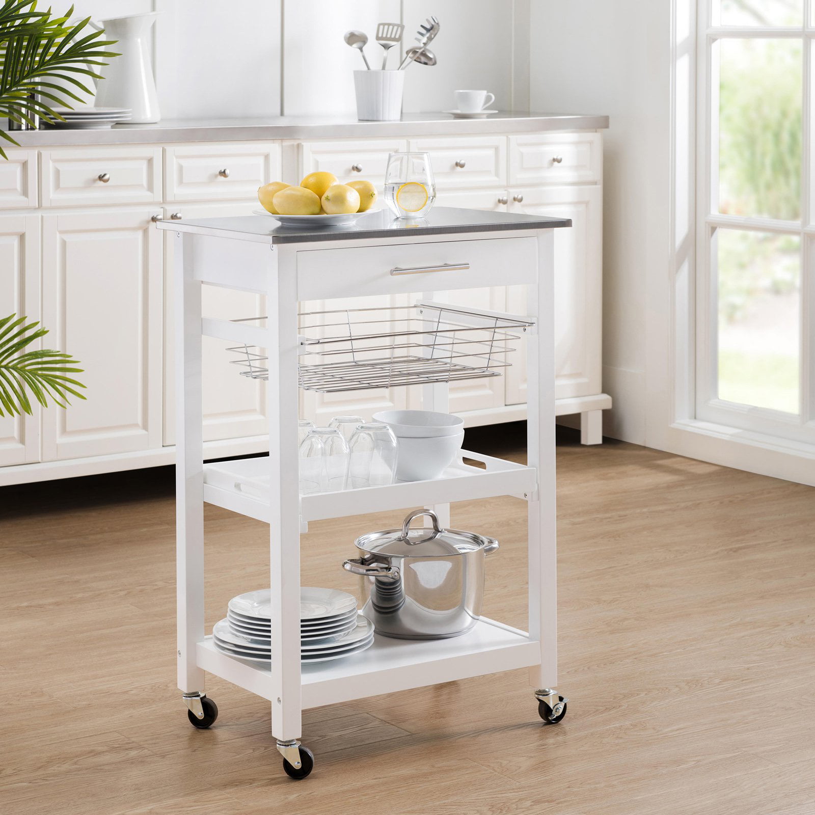 SJ Collection Linden Rolling Kitchen Island Cart Trolley on Wheels with Rolling Kitchen Cart With Stainless Steel Top