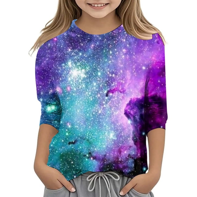 T-shirt Mode pour Filles Taille 8 avec Imprimé Ciel Étoilé Col Rond Manches 3/4 pour Enfants Filles