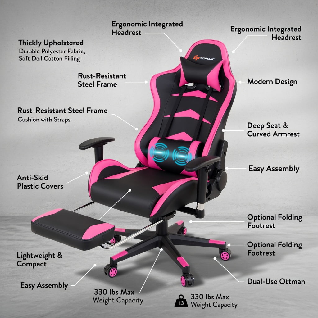 Demi Bonn Massage Gaming Chair with Footrest, Computer Chair with Headrest and Lumbar Support, Pink