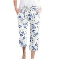 thumbnail image 2 of QATAINLAV Womens Capri 2025 Summer Linen Straight Leg Cropped Trousers Trendy Floral Print Capris Pants Casual Drawstring Beach Pants with Pockets Multicolor XL, 2 of 5