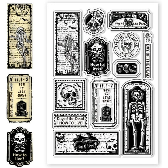 Skull Clear Stamps Day of The Dead Silicone Stamp Skeleton Black Cat Transparent Silicone Stamps for DIY Scrapbooking Supplies Card Album Decoration Embossing Paper Craft