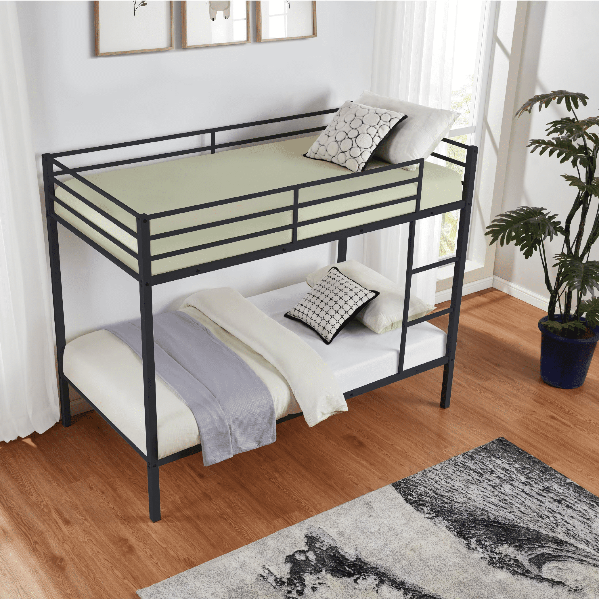 MAYEERTY Twin Size Metal Bunk Bed, Low Profile Bed Frame with Built-in Ladder, High Guardrail, Space-Saving for Kids, No Box Spring Required, Black