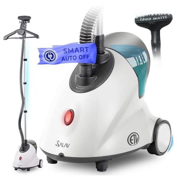 SALAV Performance Smart Auto off Upright Garment Steamer with Wheels & Descaler Packet, White