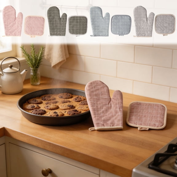 Heat Resistant Cotton Oven Mitts and Pot Holders Thick Quilted Padding Microwave Safe Kitchen Gloves with Hanging Loops for Baking Cooking Grilling Daily Kitchen Use