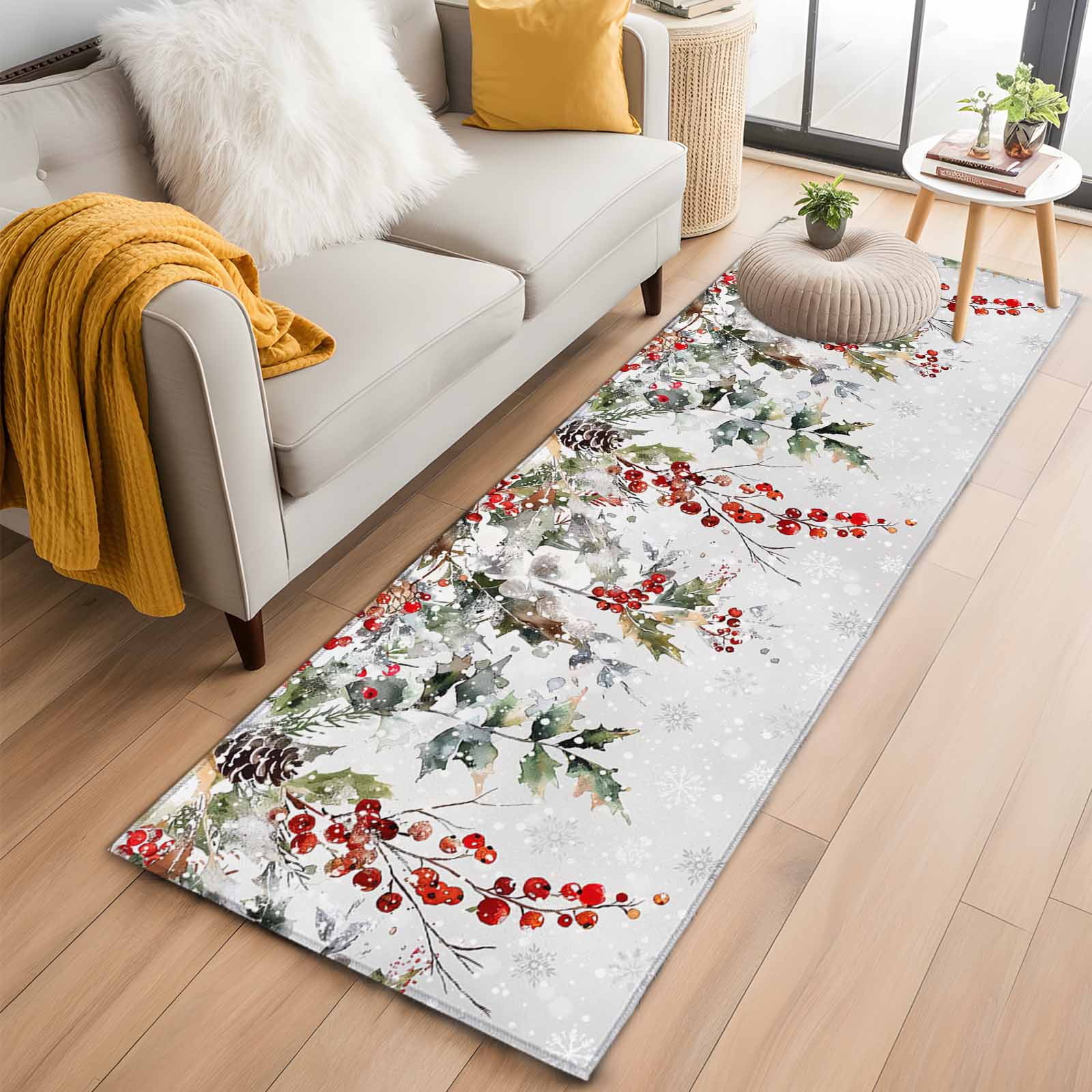 2 x6 Rug Runners for Hallways Kitchen Grey Christmas Non Slip Entryway Beside Floor Carpet Runner Xmas Tree Botanical Red Berry Pinecone Washable Laundry Room Bedroom Throw Rugs Mat for Family Pet