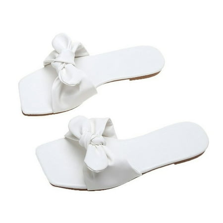 

BRISEZZS Womens Slide Sandals- Casual Roman Open Toe New Style Beach Bowknot Summer Flat Slide Sandals #879 White-42