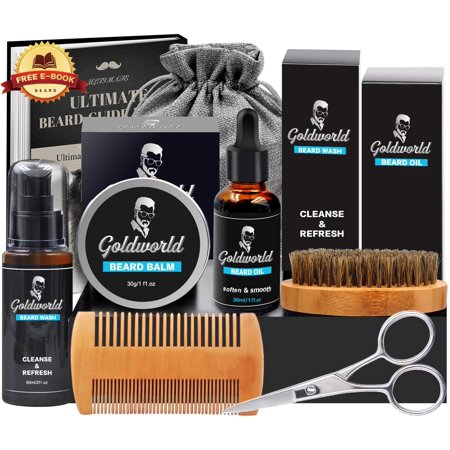 GoldWorld Beard Grooming Kit w/Beard Oil,Beard Balm,Beard Brush,Beard Comb,Beard Ornaments,Beard Wash/Shampoo,Scissor,Shaping tool,Storage Bag,E-Book,Christmas