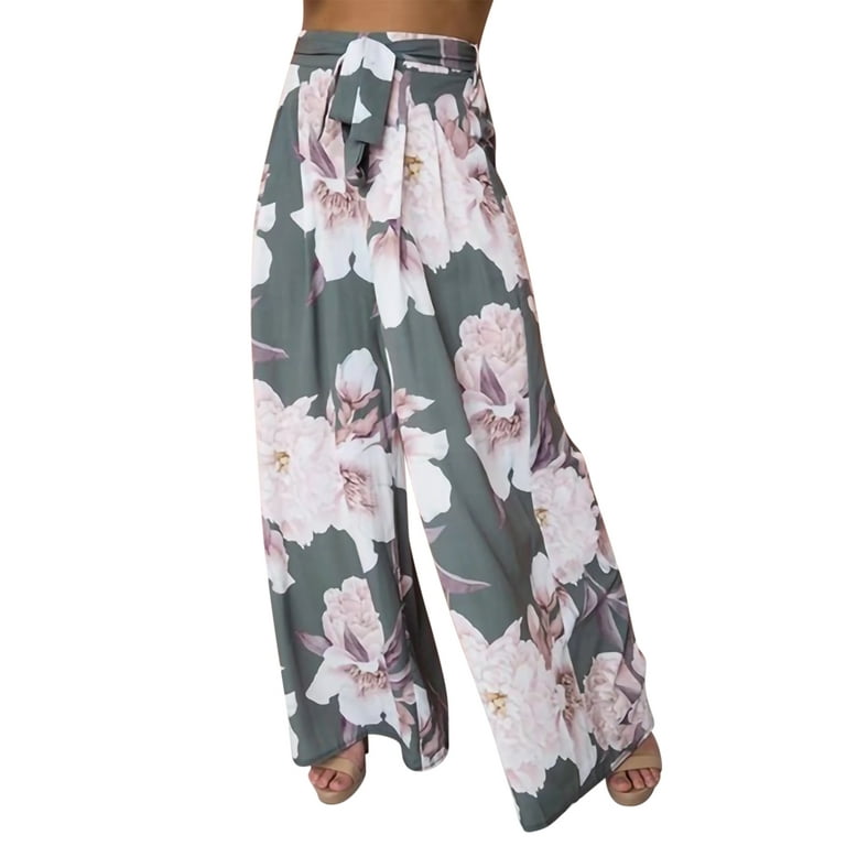 Kayotuas Women Casual Floral Print Belted High Waist Flowy Wide