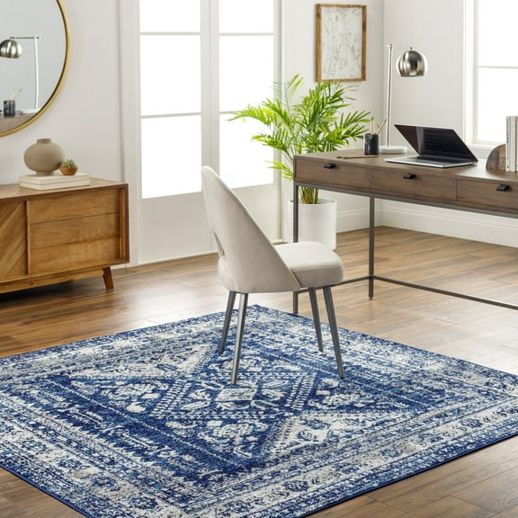Livabliss Area Rugs for Living Room, 5ft Round Monte Carlo Traditional Blue Square Rug, Bedroom Dining Room Home Decor Stain Resistant Carpet (5'3" x 5'3")