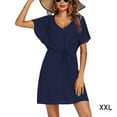 thumbnail image 2 of Robes à Col en V pour Femmes Mode Taille S-TTG Manches Courtes Jupe de Plage au-Dessus du Genou Robe Unie Robe de Plage Mode Urbaine Bleu Foncé TTG, 2 of 7