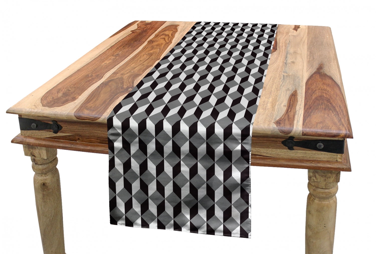 Geometric Table Runner, Herringbone Zigzags Stacked Cubes Pattern