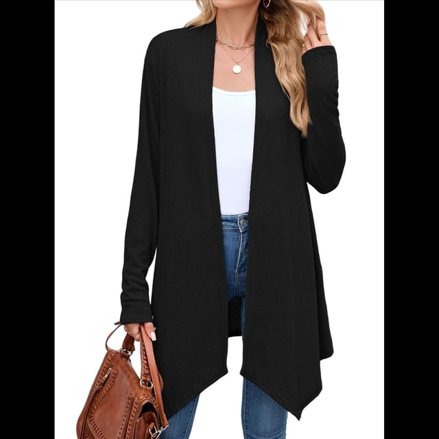 Cárdigan de Color Liso para Mujer, Suéter Abierto Frontal, , Informal, Estilo . Negro XXL