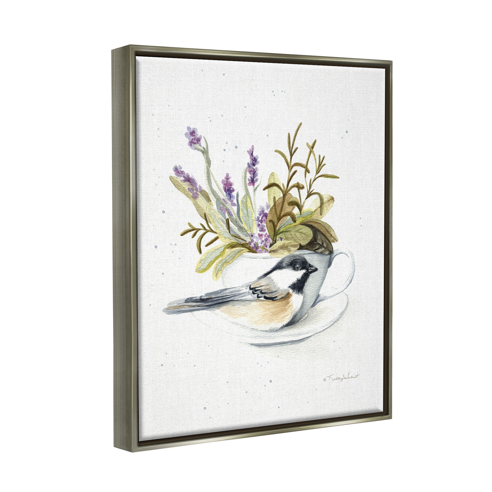 Stupell Industries Bird & Floral Teacup Animals & Insects Painting Gray Floater Framed Art Print Wall Art, 17 x 21
