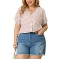 thumbnail image 5 of Unique Bargains Women's Plus Size V Neck Single Breasted Short Sleeve Floral Tops 1X White, 5 of 7