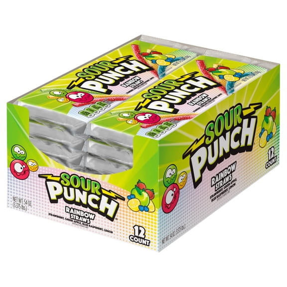 Sour Punch Straws, Rainbow Assorted Fruit Candy, 4.5oz Tray (12 Pack)
