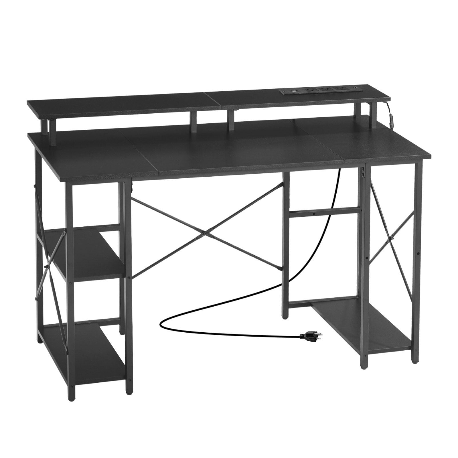 47" Black Gaming Desk Featuring LED Lighting System, Convenient Power Outlets, Monitor Stand and Two-Tier Shelves for Home Office Study