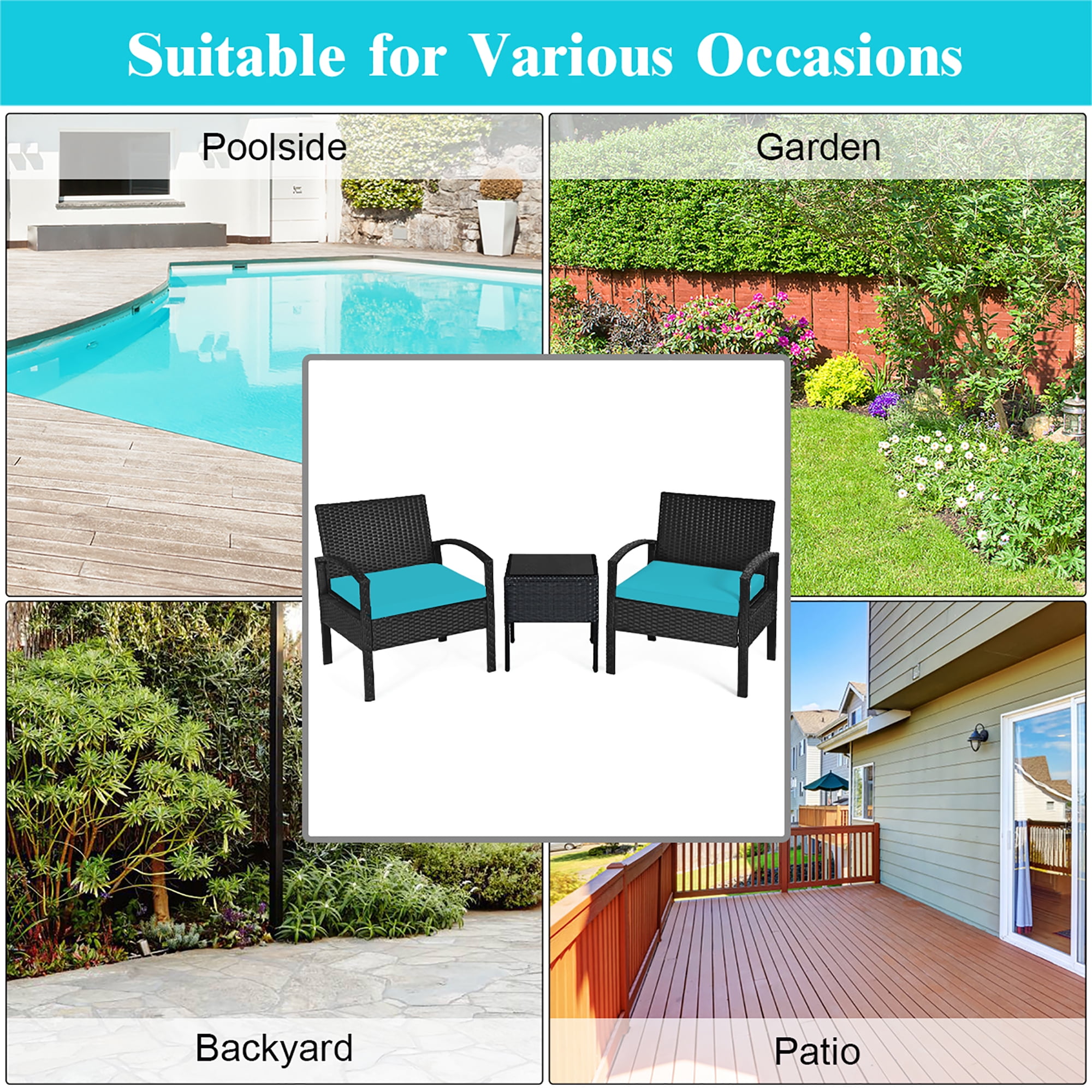 Costway 3 PCS Patio Rattan Furniture Set Coffee Table Conversation Sofa Cushioned Turquoise