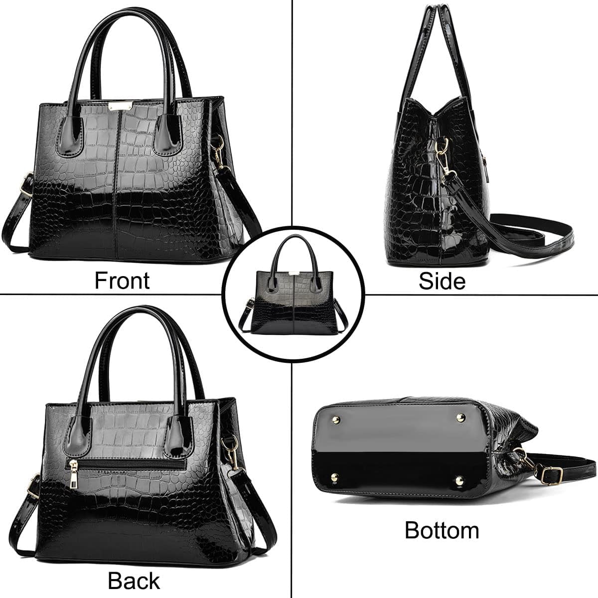 Handbag and Purse for Women Patent Leather Shoulder Bag Crocodile Pattern Top-Handle Satchel Tote Wallet
