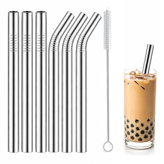 6 pack Reusable Stainless Steel Smoothie Straws, Extra Wide Metal Drinking Straws for Milkshakes, Bubble Tea,boba straws 12 mm x 9 inch with 1 Cleaning Brush
