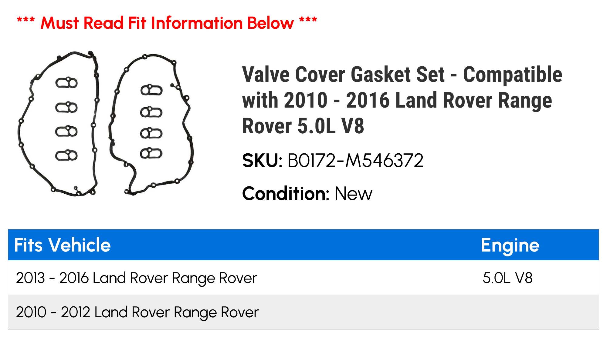 Valve Cover Gasket Set - Compatible with 2010 - 2016 Land Rover Range Rover 5.0L V8 2011 2012 2013 2014 2015