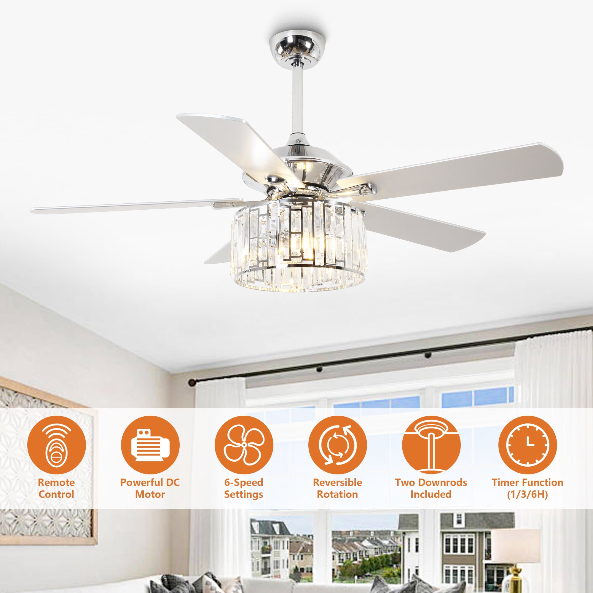 Parrot Uncle 52" Crystal Chandelier Ceiling Fan with Remote and Lights, Double-Sided Blades Fandelier, Chrome