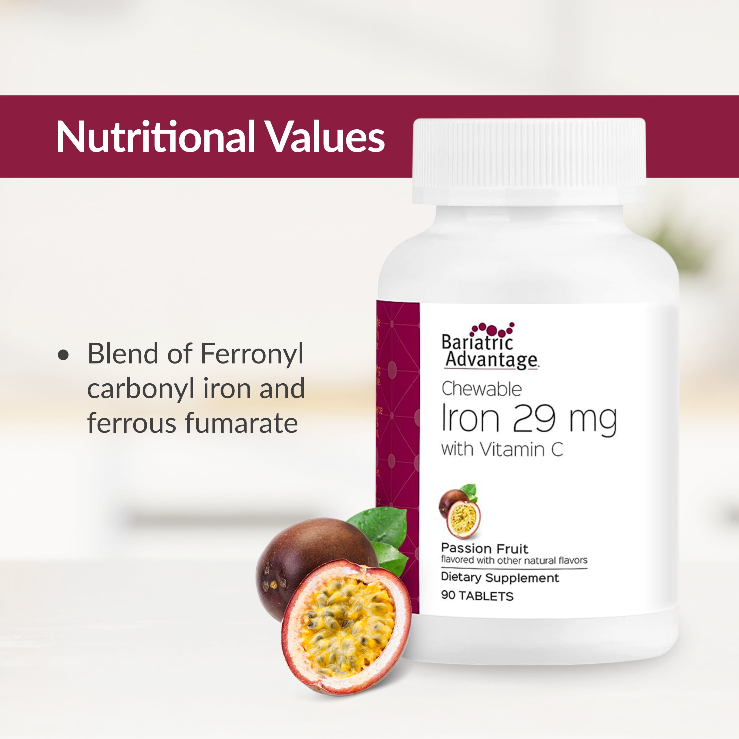 Bariatric Advantage Chewable Iron (29mg) with Vitamin C - Passion Fruit