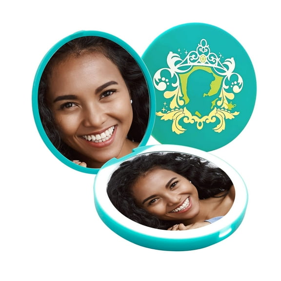 Impressions Vanity Disney Princess Jasmine Compact Mirror with LED Light, Round Lighted Vanity Makeup Mirror with USB and Folding Magnify Top Glass