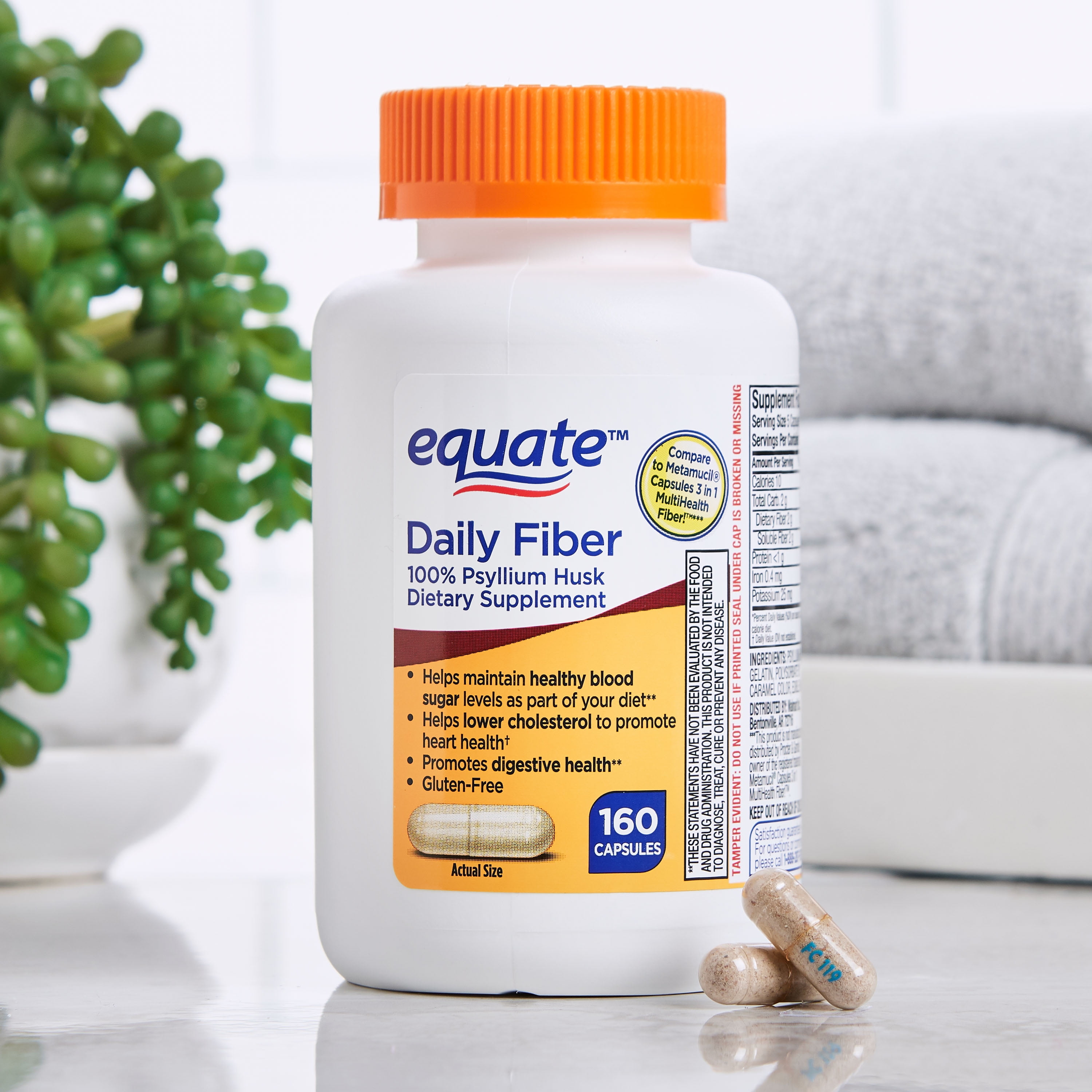 Equate Daily Fiber Capsules, 100% Psyllium Husk, 160 Count