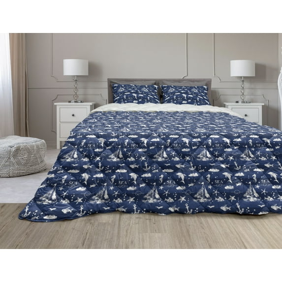 Navy Blue Comforter & Sham Bedding Set, Sailboat Vertical Stripe Pattern Anchor Fishes Gulls Paint Effect Nautical Theme, 3 pcs Duvet Set Microfiber Filling Quilt, 5 Sizes, Blue White, by Ambesonne
