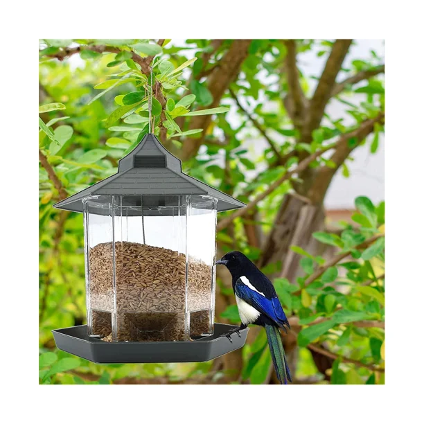 Comedero para pájaros, contenedor de comida para pájaros colgante impermeable con techo y bandeja para jardín al aire libre, patio trasero, comedero para semillas de pájaros silvestres a