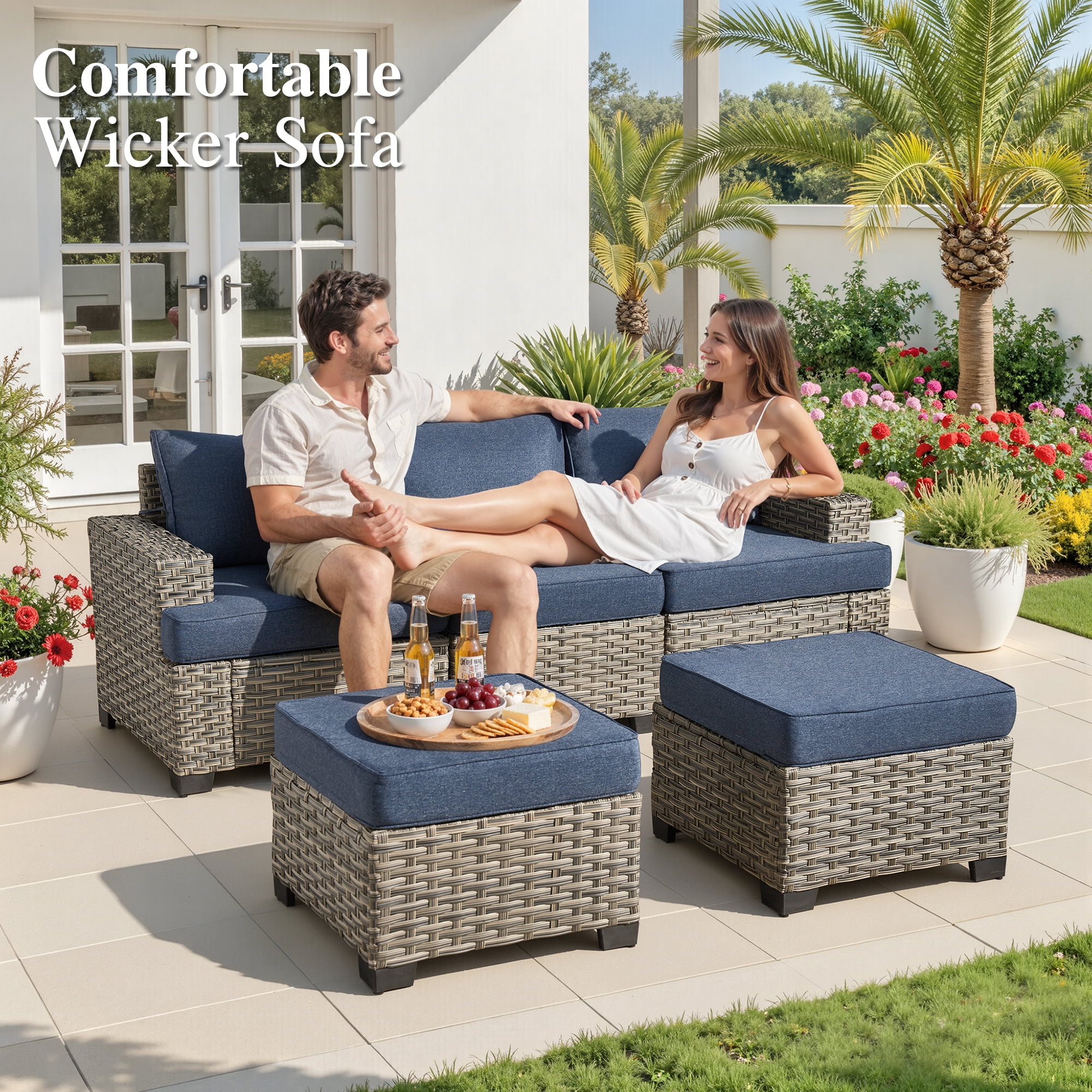 Ovios 8 Pieces Outdoor Patio Sectional Furniture All-Weather Rattan Wicker Conversation with Swivel Glider Rocking Chair Patio Sofa Outdoor Chairs for Backyard Balcony