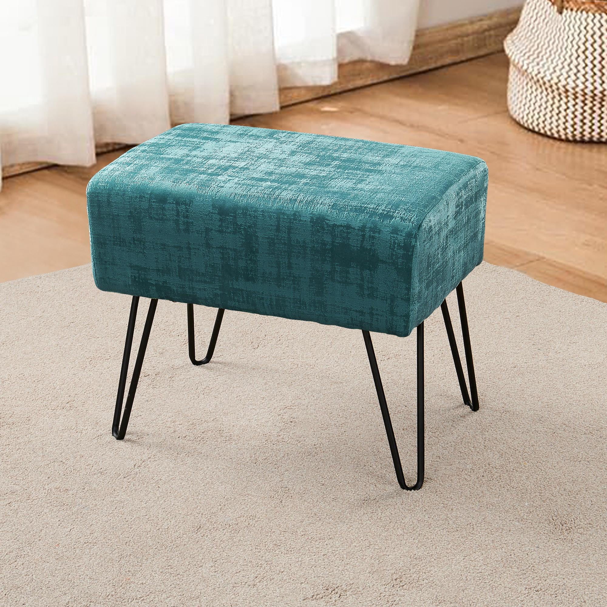 Home Soft Things Textured Velvet Ottoman Stool Chair, Upholstered Footrest with Black Metal Legs, Agate Green, 19" x 13" x 17"