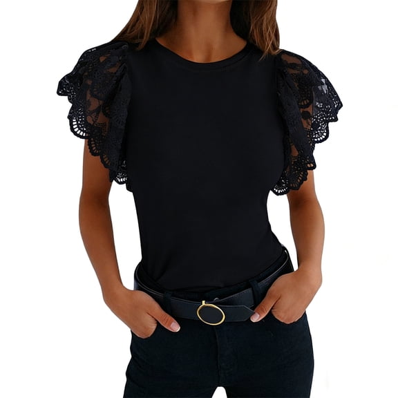 ClodeEU Women's Round Neck Lace Ruffle Sleeve T-Shirt, Casual Slim Fit Summer Blouse Black,Women's Plus L