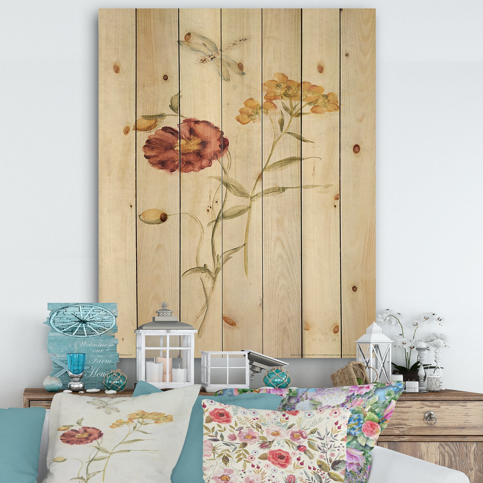 Designart 'Wild Simple Wallflowers III' Farmhouse Print on Natural Pine Wood