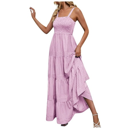 Blphud Dress Maxi for Women Summer Woman Women Casual Holiday Bohemian Long Dress Sleeveless Suspender Striped Waist Long Dress Wrap Front Midi Dress Pink L